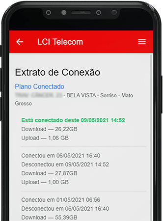 Aplicativo LCI Telecom na tela de extrato de conexão