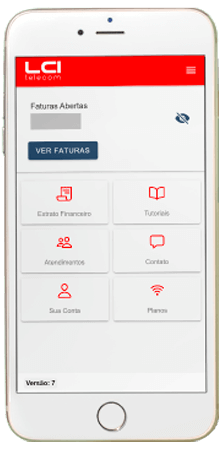 Menu inicial do aplicativo LCI Telecom.